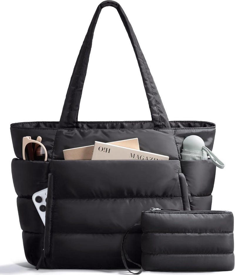 Bagstellar Puffer Tote Bag for Women, Lightweight Puffy Work Handbag Teacher Nurse Quilted Shoulder Bag for School Travel Gym | Cloud Bag w/ Zipper, Daily College Bags, 15.6" Computer Bag, Clinical Nursing Bag, 40 OZ Tumbler Holder, Ideal Gift for Women - Image 1